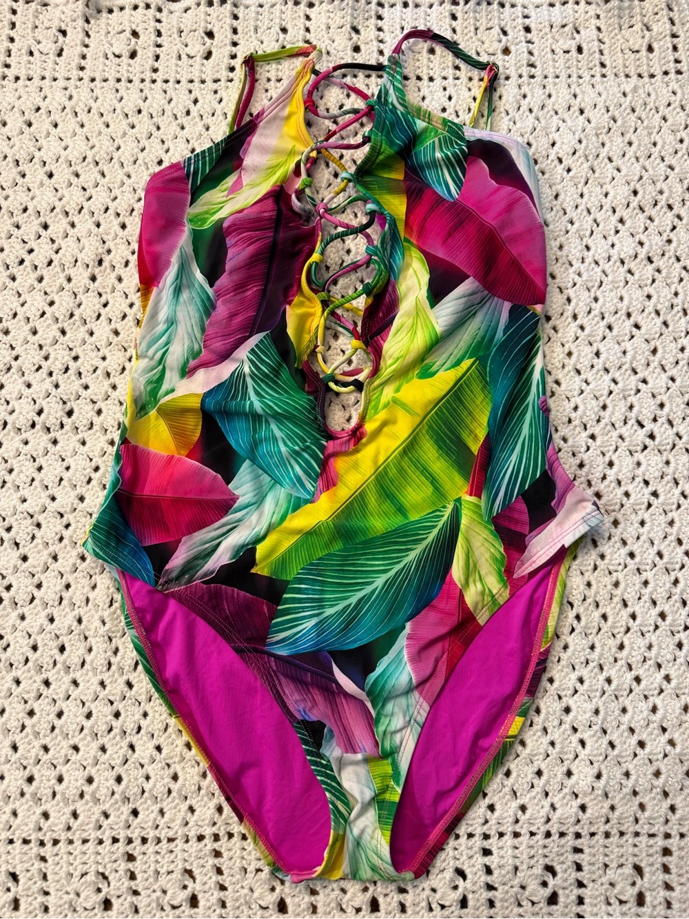 🌺La Blanca Tropical Palm Leaf Bright Pink/Green Strappy Swimwear adjust stretch